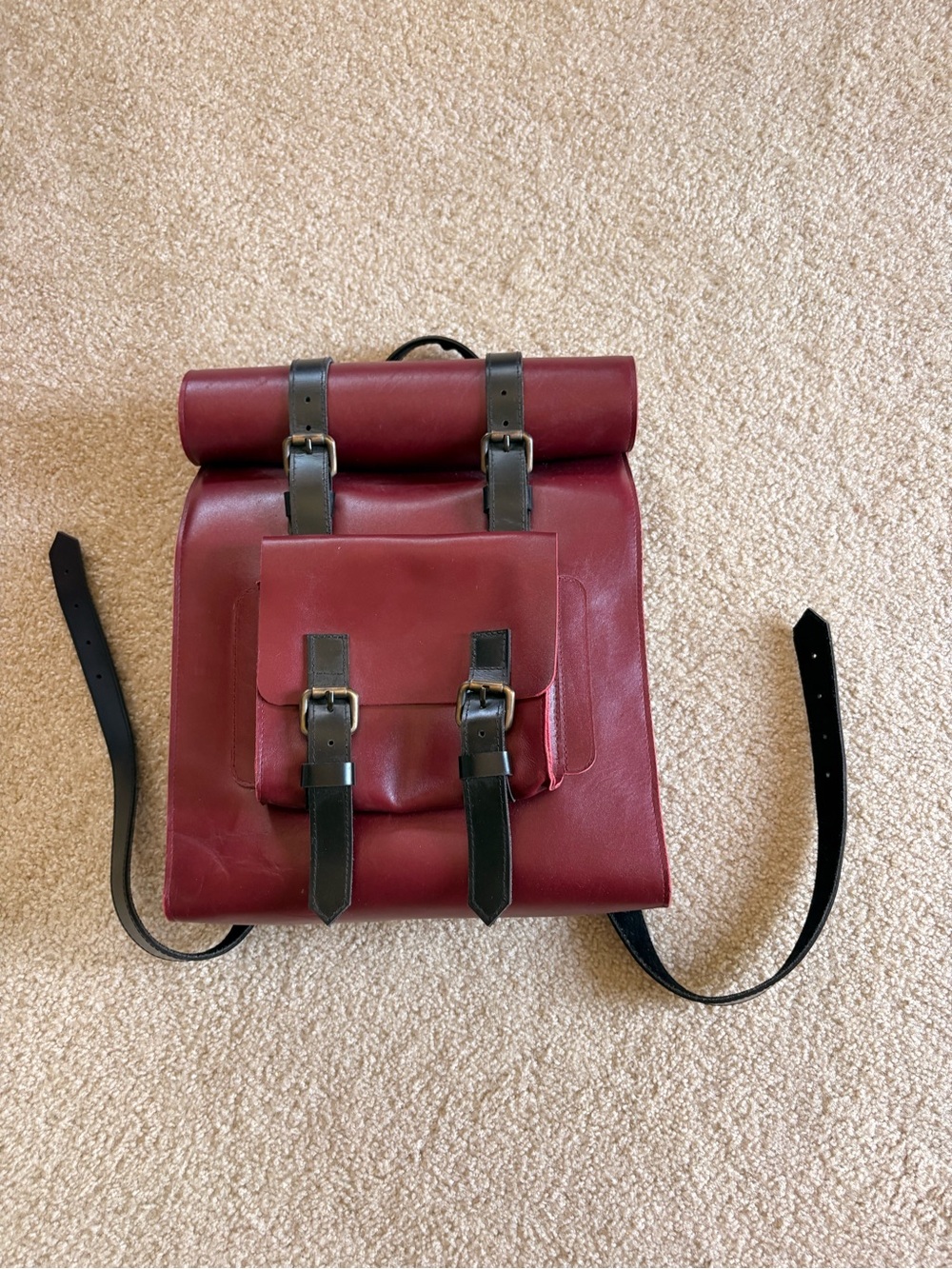 Men's Burgundy Leather Roll-Top Backpack with Black Straps